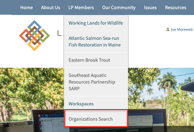 Organizations Search Image Image of Organizations Search drop down item for How to Add an Organization tutorial.